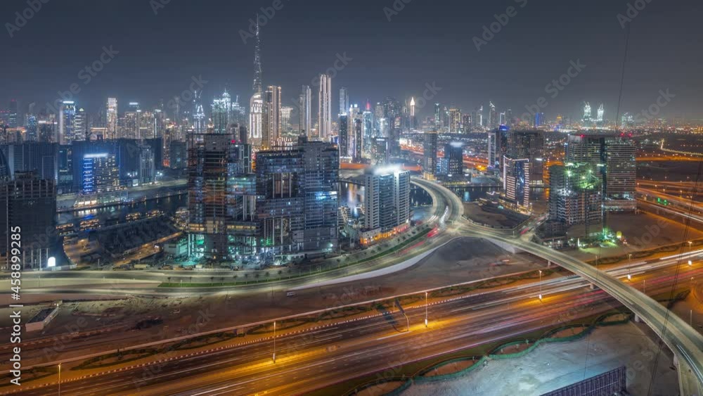 Panoramic skyline of Dubai with business bay and downtown district night timelapse. Panoramic skyline of Dubai with business bay and downtown district night timelapse.