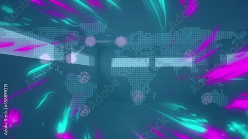 Animation of lights, colorful smudges over wold map on green background photo