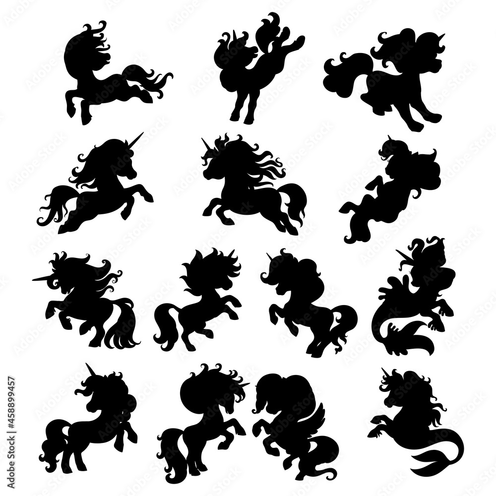 Set of black silhouettes of unicorns in motion Set of black silhouettes of unicorns in motion