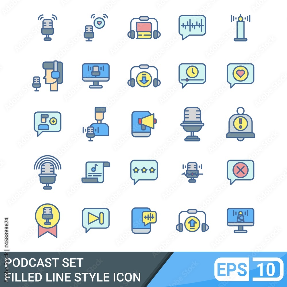 podcast icons set. vector illustration in filled line style. EPS 10