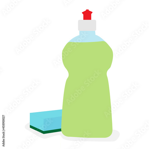 Bottle with green dish washing liquid and blue sponge isolated on white background.