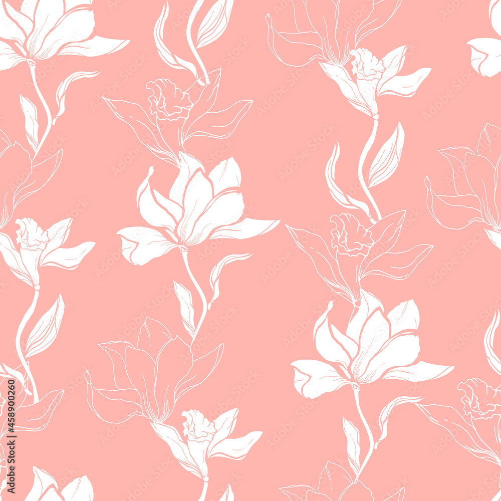 Floral pink pattern with white flowers of lilies and magnolia. Vector floral gentle seamless pattern for fabric, wallpaper and paper for decoration.