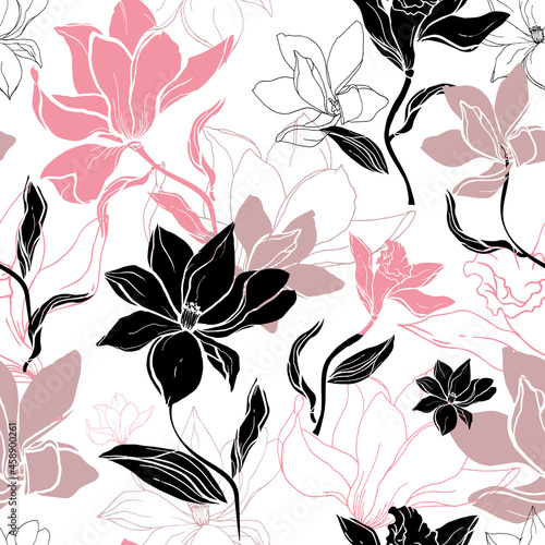 Contrasting floral black and pink seamless pattern of lilies, drawn vector flowers on a white background for fabric, wallpaper and paper.