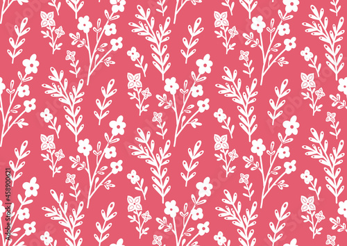 Seamless monochrome pattern with white contour of flowers and branches on pink background. Silhouettes of stems with flowers and foliage. Vector delicate floral texture with print of sakura