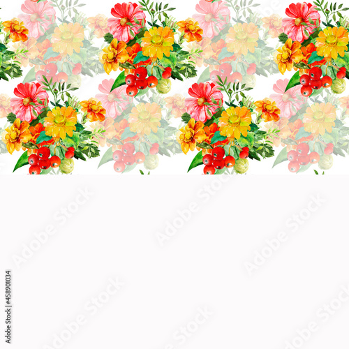 Autumn bouquet with viburnum.Branch watercolor seamless pattern.Image on white and colored background.