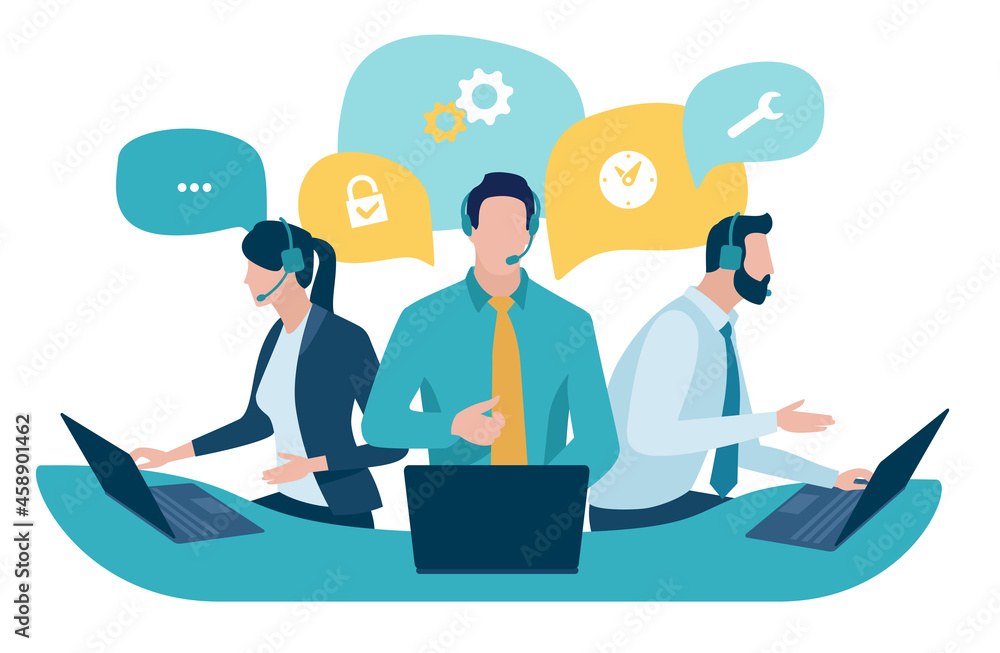 Call center. Customer service, hotline operators with headsets. Online technical support 24 h, Vector illustration. - obrazy, fototapety, plakaty 