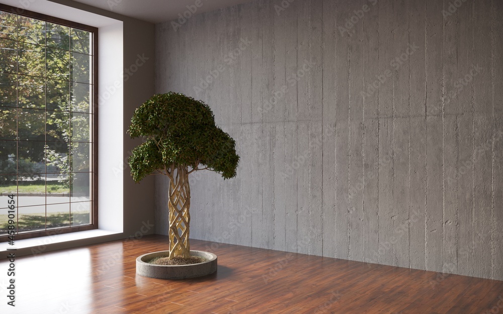 Empty room; black plaster wall with bonsai tree in pot; template design; 3d rendering, 3d illustration Empty room; black plaster wall with bonsai tree in pot; template design; 3d rendering, 3d illustration