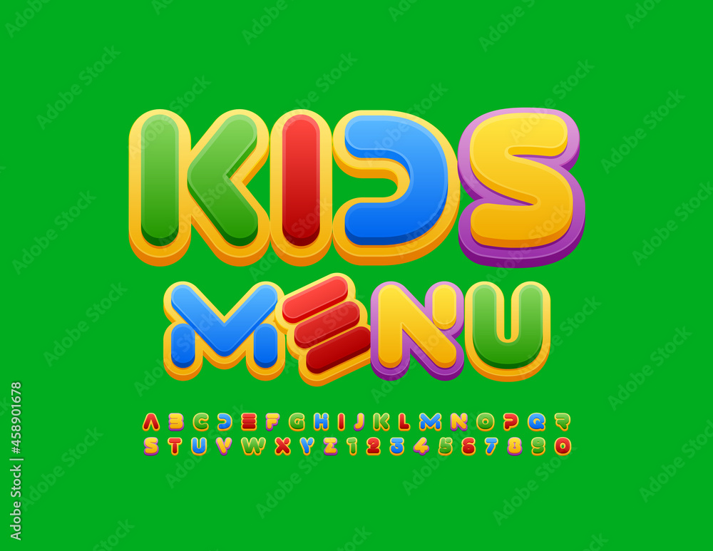 Vector modern template Kids Menu. Creative Alphabet Letters and Numbers set. Childish bright Font