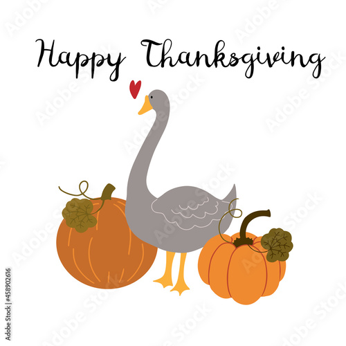 Greeting card with lettering - Happy Thanksgiving, with grey goose and different pumpkins, isolated vector illustration