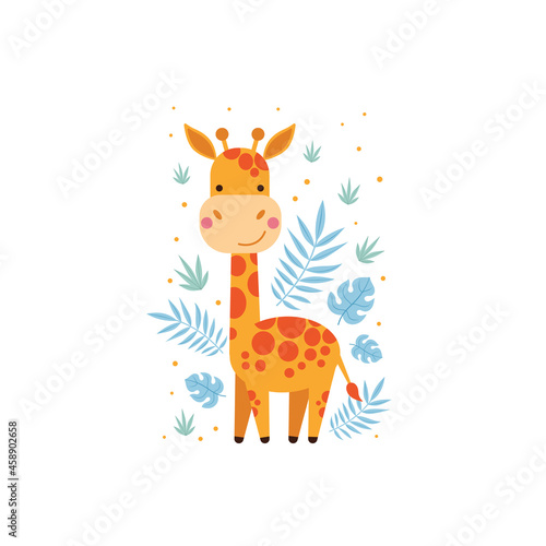 Illustration of cute giraffe and tropical leaves.