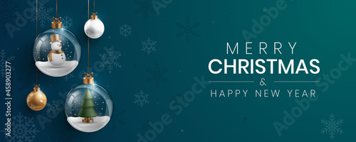 Merry Christmas background with snowman and tree in glass snow globe. Vector illustration.