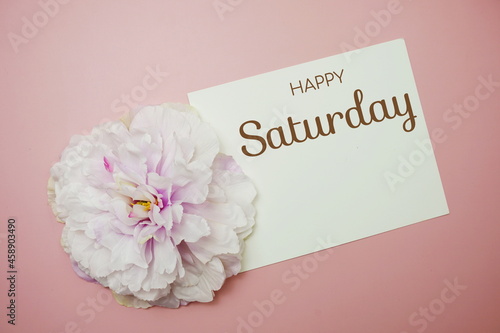 Happy Saturday typography text with flower decor on pink background