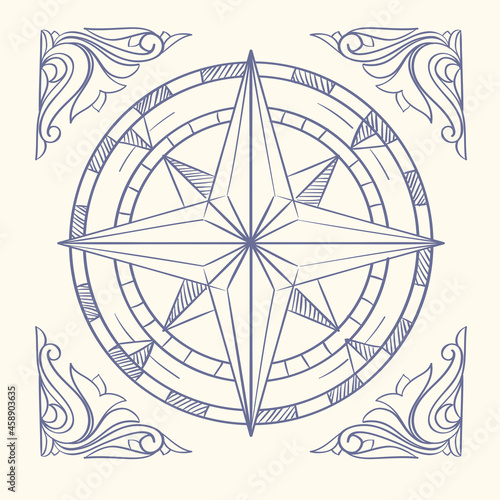 Hand drawn compass wind rose decorative ornate emblem