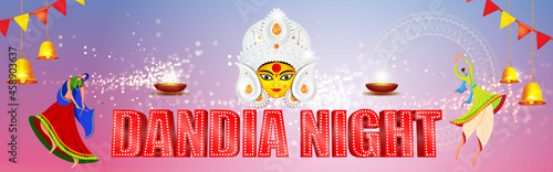 vector illustration for Indian festival Dandiya night. illustration is showing man and woman performing Dandiya dance with beautiful night backdrop.