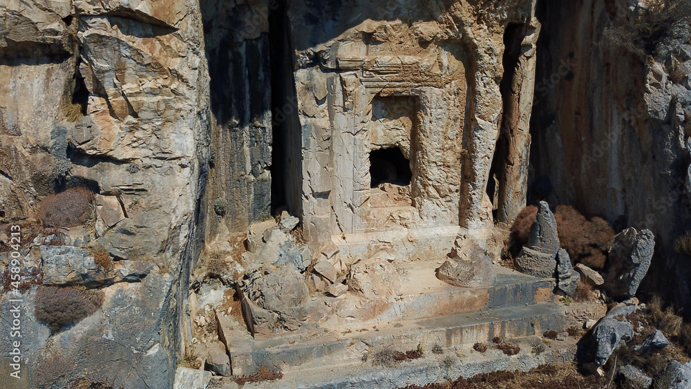King rock tombs in the ancient city of Kaunos. Dalyan near Iztuzu beach, which is the spawning area of Caretta Caretta. Caunos and Lycian ancient city.