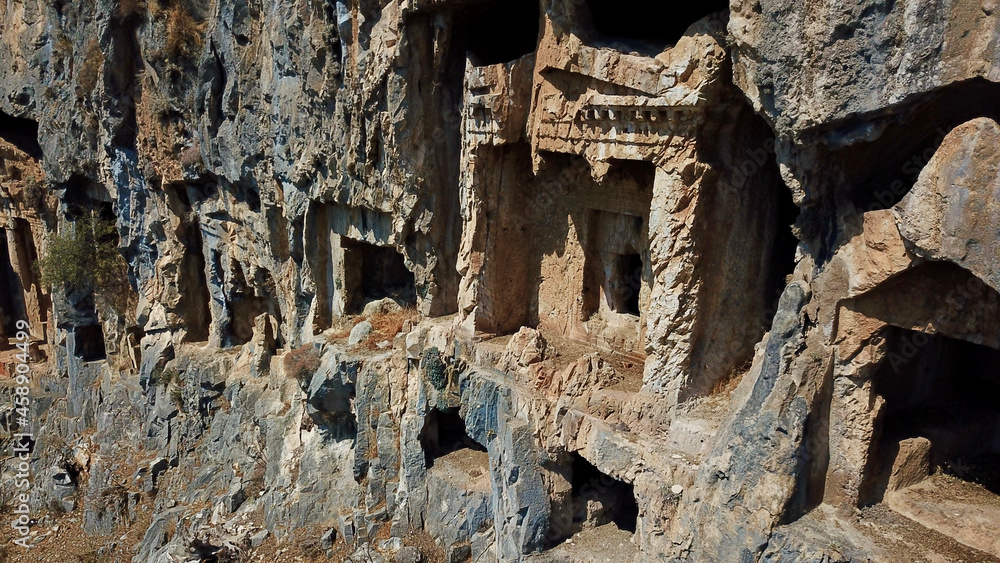 King rock tombs in the ancient city of Kaunos. Dalyan near Iztuzu beach, which is the spawning area of Caretta Caretta. Caunos and Lycian ancient city.