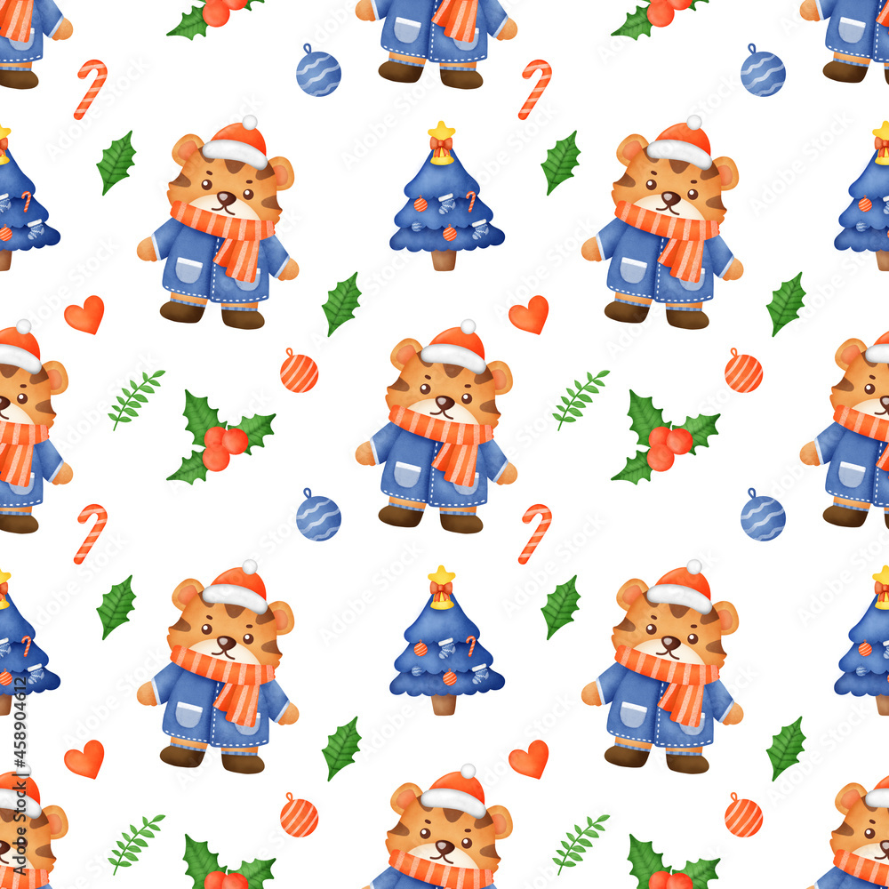 Happy Christmas and Year of tiger 2022 seamless pattern .