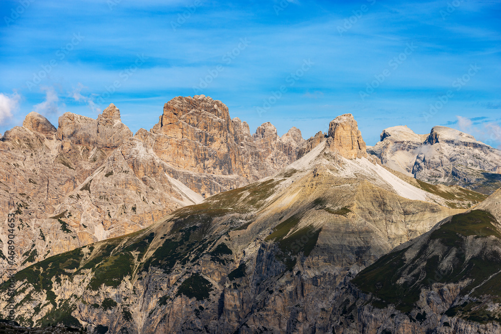 Sesto Dolomites of Tre Cime di Lavaredo. Mountain peaks of Monte Rudo or Rautkofel, Croda dei Rondoi or Schwalbenkofel, Torre dei Scarperi or Schwabenalpenkopf and Croda dei Baranci, Cima Piatta Alta.