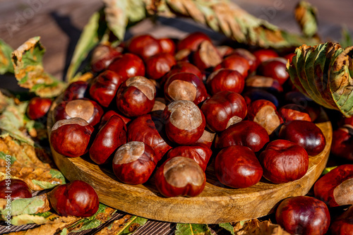 Chestnuts in a plate with dry leaves on a brown wooden table. Autumn still life with bright horse chestnuts on wooden background. High quality photo