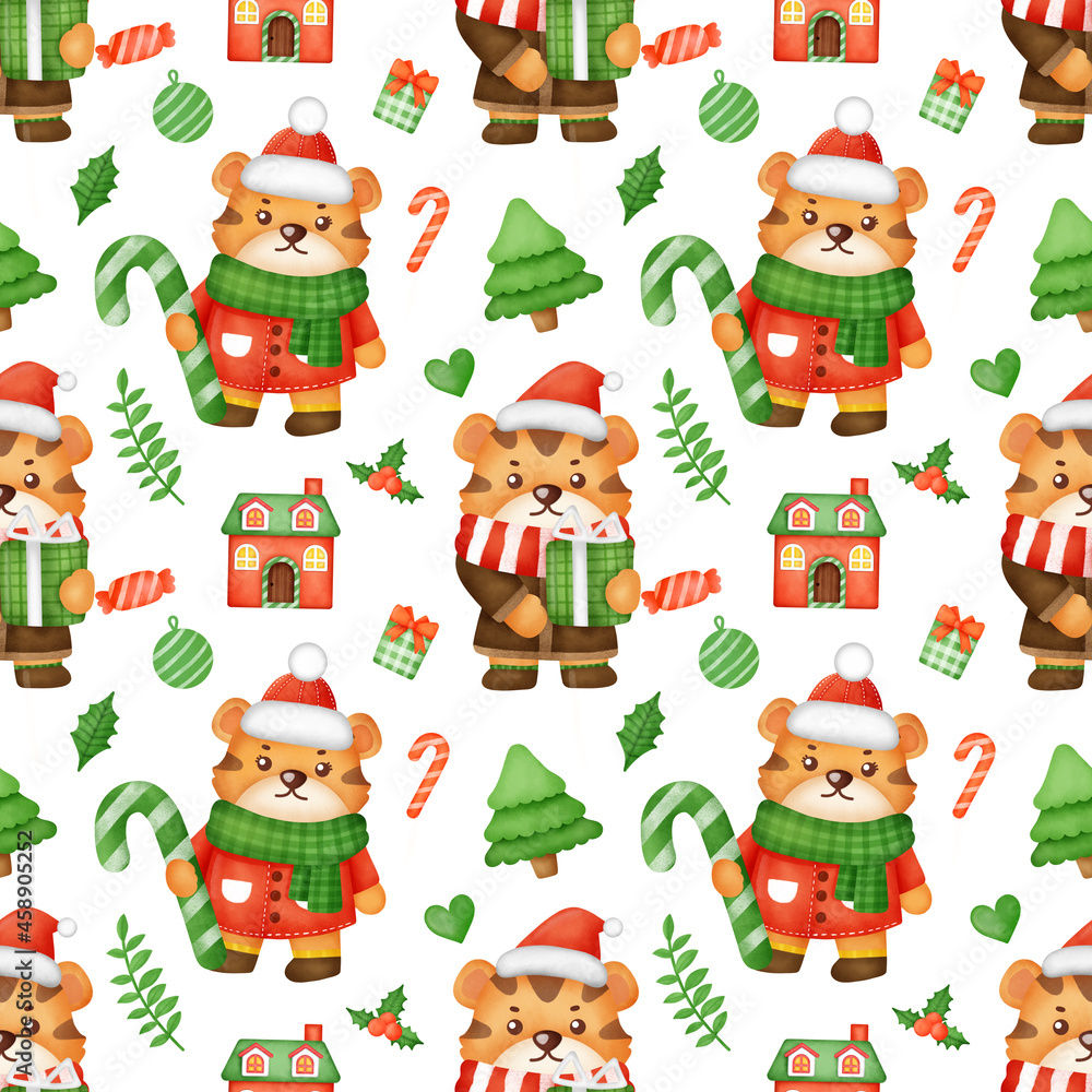 Happy Christmas day and Year of tiger 2022 seamless pattern .