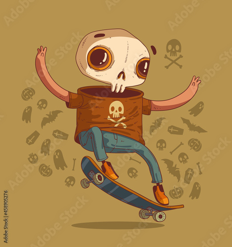 Young skeleton fellow doing skateboard stunts against a background of Halloween symbols