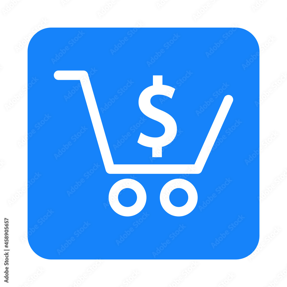 Logotipo con silueta de carrito de la compra con símbolo del dólar con lineas en cuadrado color azul Logotipo con silueta de carrito de la compra con símbolo del dólar con lineas en cuadrado color azul