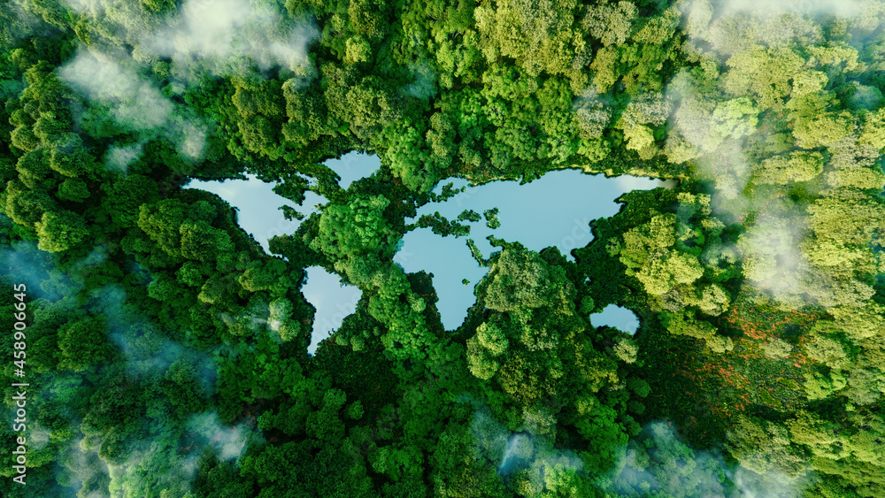 A lake in the shape of the world's continents in the middle of untouched nature. A metaphor for ecological travel, conservation, climate change, global warming and the fragility of nature.3d rendering - obrazy, fototapety, plakaty 