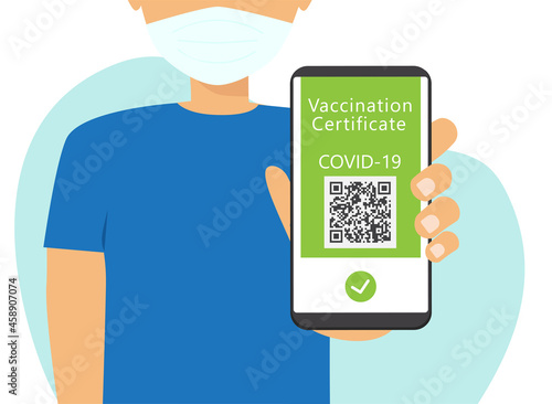 Vaccinated man using digital health passports. Immunization certificate with qr code on device screen