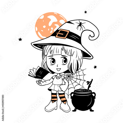 the sorceress is holding a magic book. yellow moon, spider web and cauldron silhouette. sketch. anime. vector. eps