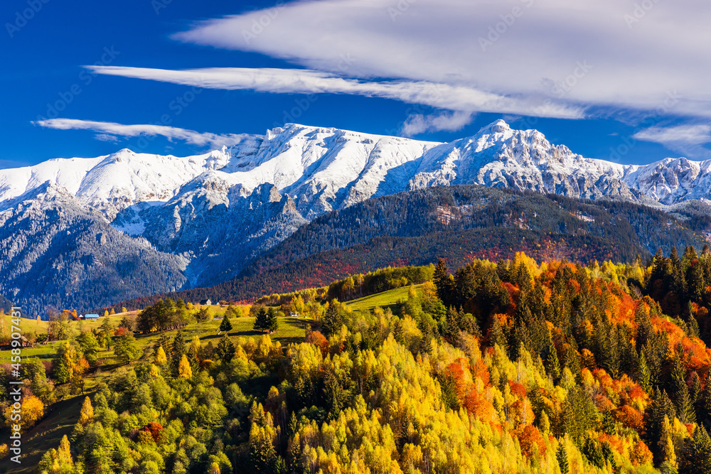 Brasov, Romania. Autumn in Moeciu Village. The rural landscape in the Carpathians.
