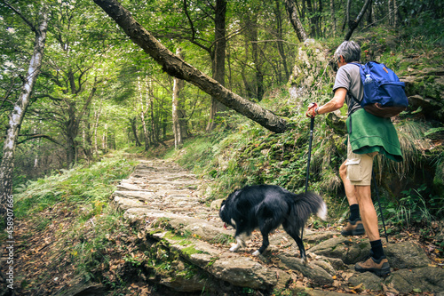 Man and his dog walking in the mountain forest. Friends hike together in the nature. Guy with pet goes trekking outdoor in a beautiful park. Friendship, loyalty, alliance and companionship concept © Fabio Principe
