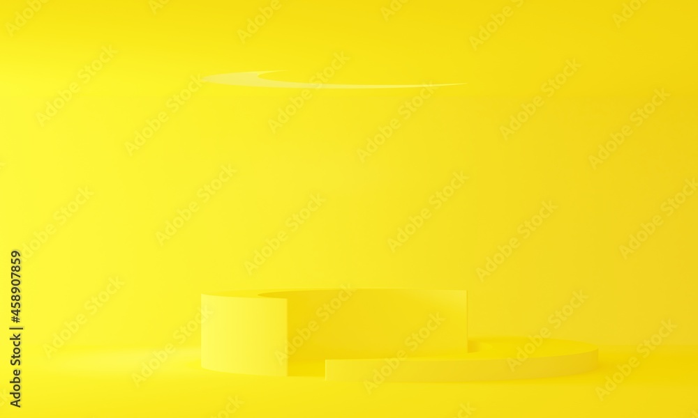 Room with a moon in the ceiling and a podium on a yellow background. Backdrop design for product promotion. 3d rendering Room with a moon in the ceiling and a podium on a yellow background. Backdrop design for product promotion. 3d rendering
