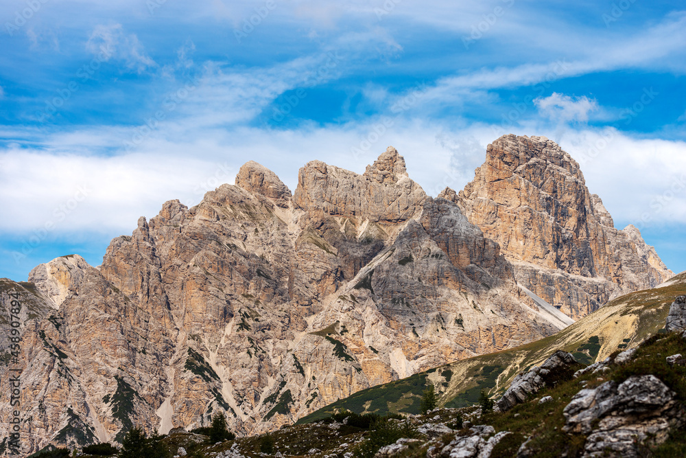 Mountain peak of Croda dei Rondoi or Schwalbenkofel of the Mountain Range of the Rondoi-Baranci and the Monte Rudo or Rautkofel, Dolomiti Di Sesto Natural Park, Trentino-Alto Adige, Italy, Europe.