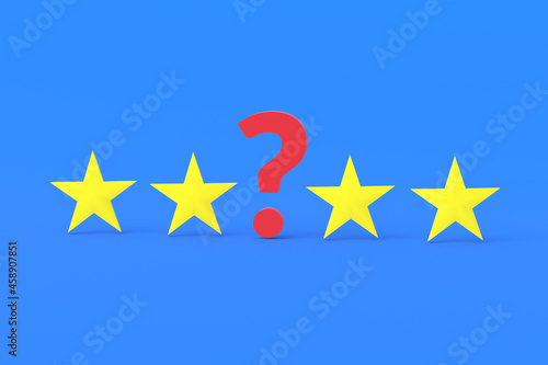 Stars near question mark on blue background. The concept of an unknown hotel rating  service. Hidden popularity metrics. Predicting the quality level. 3d render