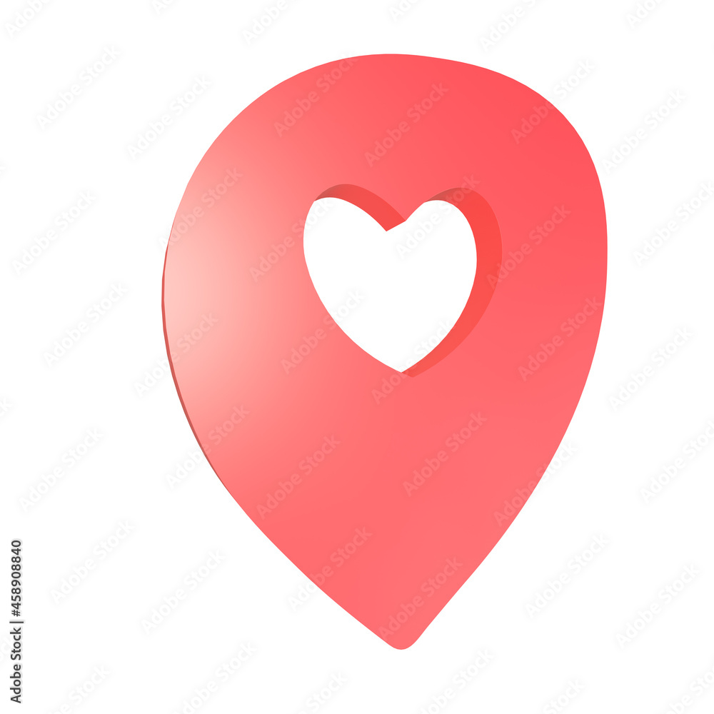 3d map pin with a heart icon isolated on white background. Position marker, rate tag, valentines day delivery, love destination. 3d render illustration