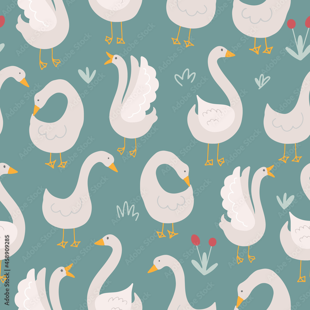 Fototapeta premium Vector seamless illustration with cute doodle geese on a field with flowers and grass