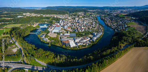  Aerial view of the city flurlingen, Neuhausen in Switzerland on a sunny morning day in summer 