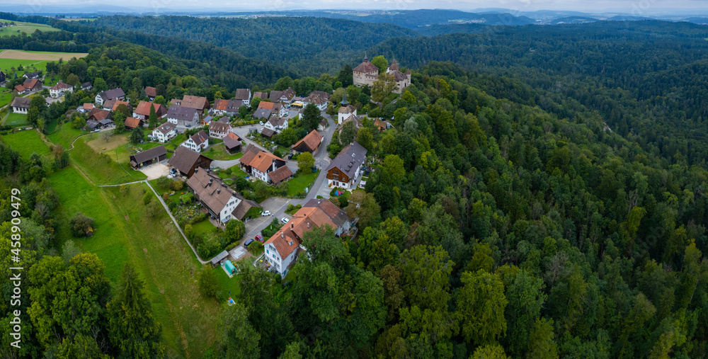  Aerial view of the village and castle kyburg in Switzerland on a sunny morning day in summer