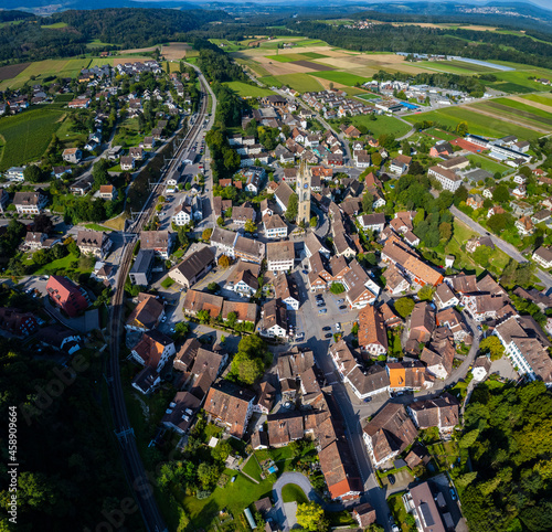 Aerial view of the city Andelfingen in Switzerland on a sunny morning day in summer. photo