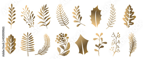 Christmas vector branches, tree, fir and pine cones, evergreen set, Christmas decorations, gold ​winter plants, leaves and twigs, isolated