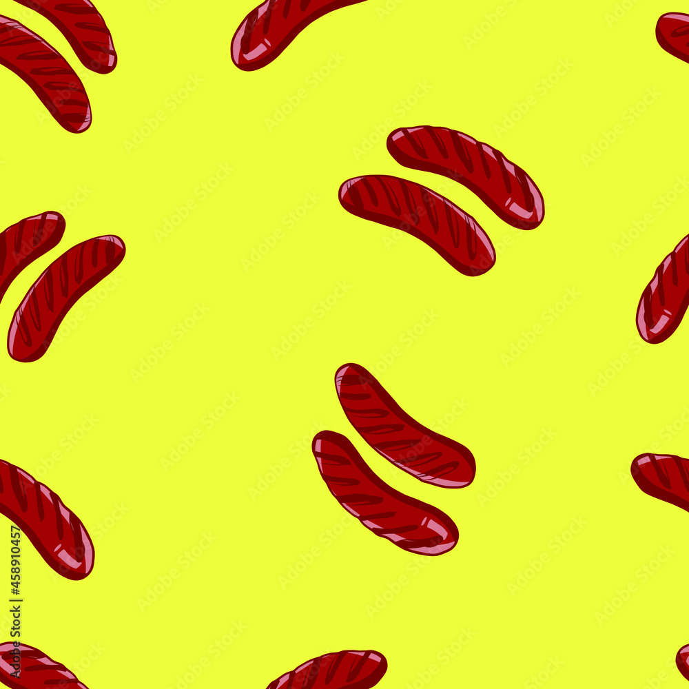 Grilled sausages vector pattern illustration on the yellow background. Fast food. Grilled sausages vector pattern illustration on the yellow background. Fast food.