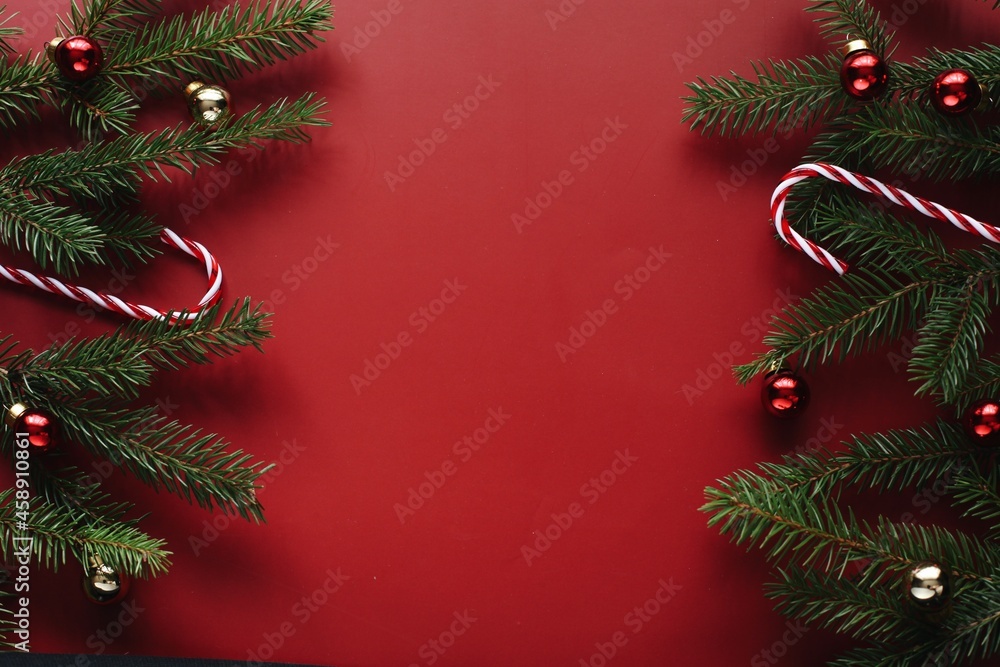 Beautiful Christmas red background, top view photography