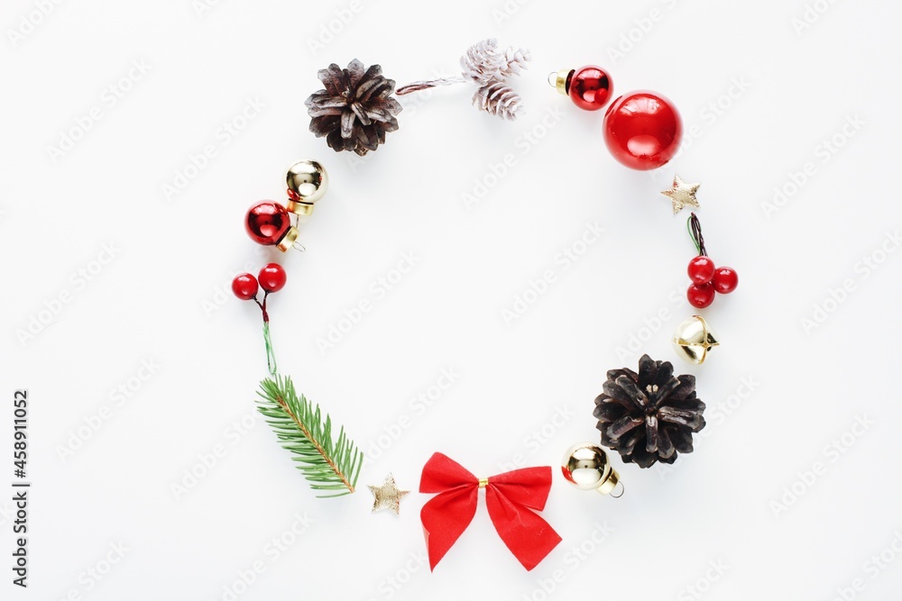 Beautiful Christmas wreath on white background, top view photography