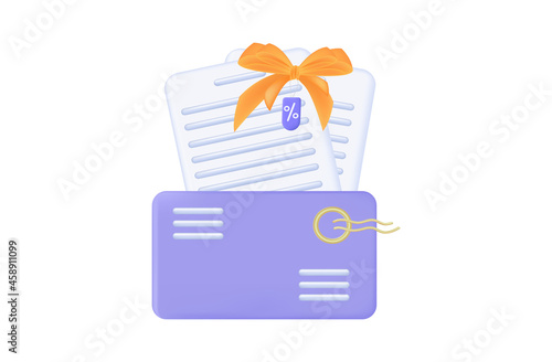 3d discount coupon email. Loyalty program offer for a gift or discount in an envelope. Advertising, message, notification of a lucrative bonus. Coupon to receive, a favorable price.Vector illustration