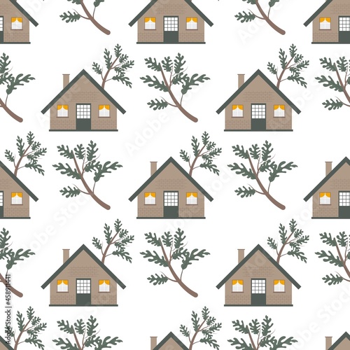 Autumn leaves and house seamless pattern. Autumn Landscape with Wooden House Leaves, Tree vector illustration.