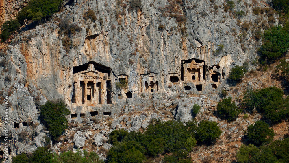 King rock tombs in the ancient city of Kaunos. Dalyan near Iztuzu beach, which is the spawning area of Caretta Caretta. Caunos and Lycian ancient city.