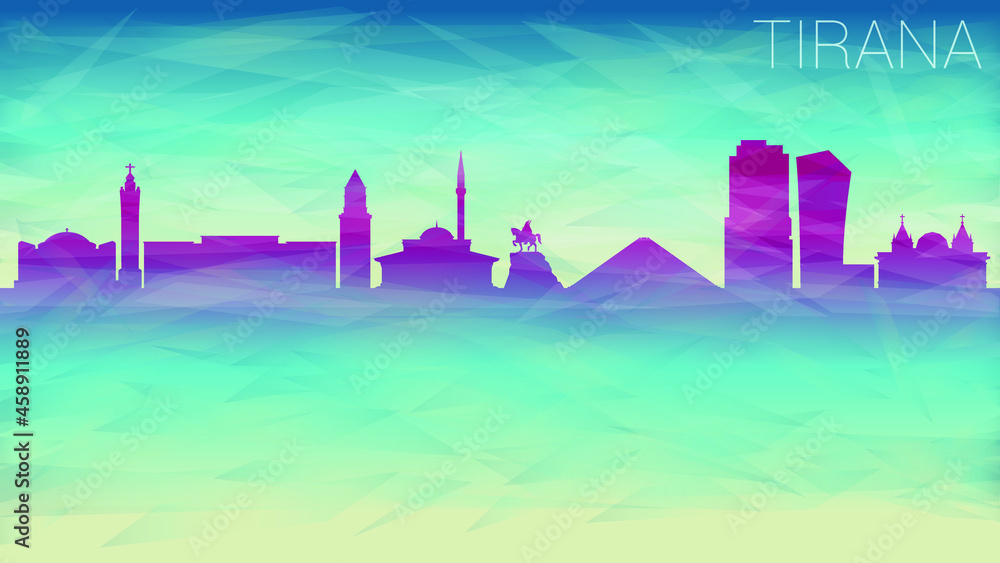 Tirana, Albania Skyline City Silhouette. Broken Glass Abstract  Textured. Banner Background Colorful Shape Composition.