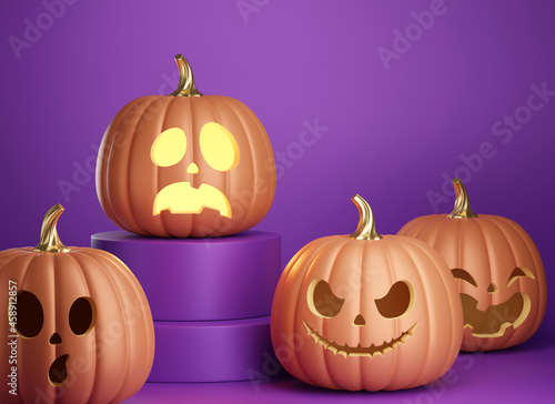 Happy Halloween background with carved pumpkin. 3d render