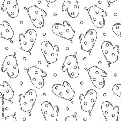 Seamless pattern with a kitchen pot holder. Mitt-mitt. Monochrome backdrop with simple linear Outline doodle elements. Black and white vector pattern on a white background.