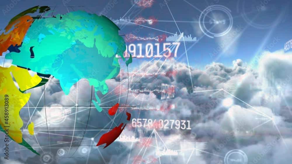 Animation of globe, dna chain, increasing numbers on cloudy sky Animation of globe, dna chain, increasing numbers on cloudy sky